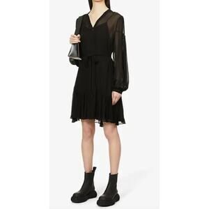 New The Kooples Women's S Black Mini Day Dress Sheer Belted Pleated Ruffles